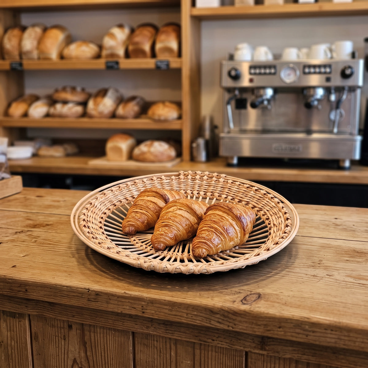 Openwork wicker pastry display tray with three croissants on a bakery counter, shelves of bread loaves and an espresso machine behind.