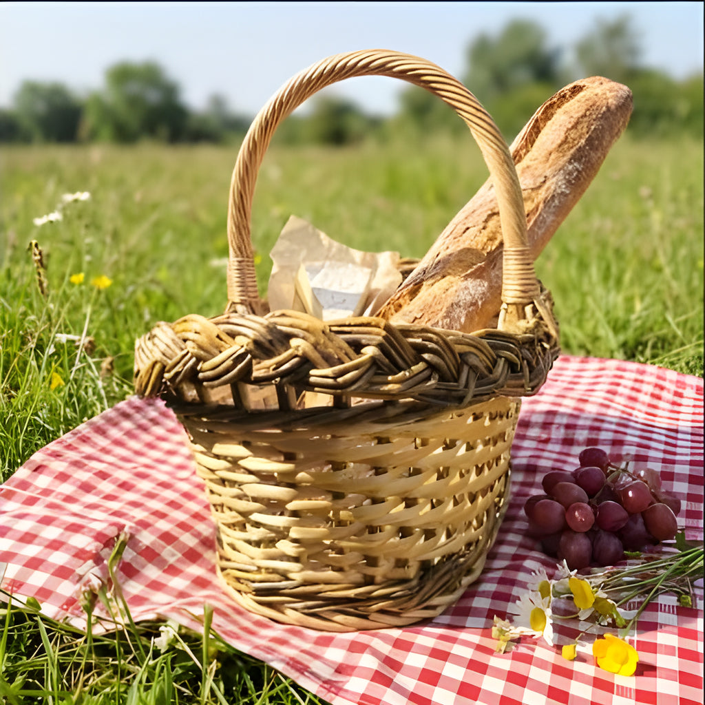 Willow picnic bread basket with handle holding a baguette and cheese on a red gingham blanket with grapes and wild flowers.