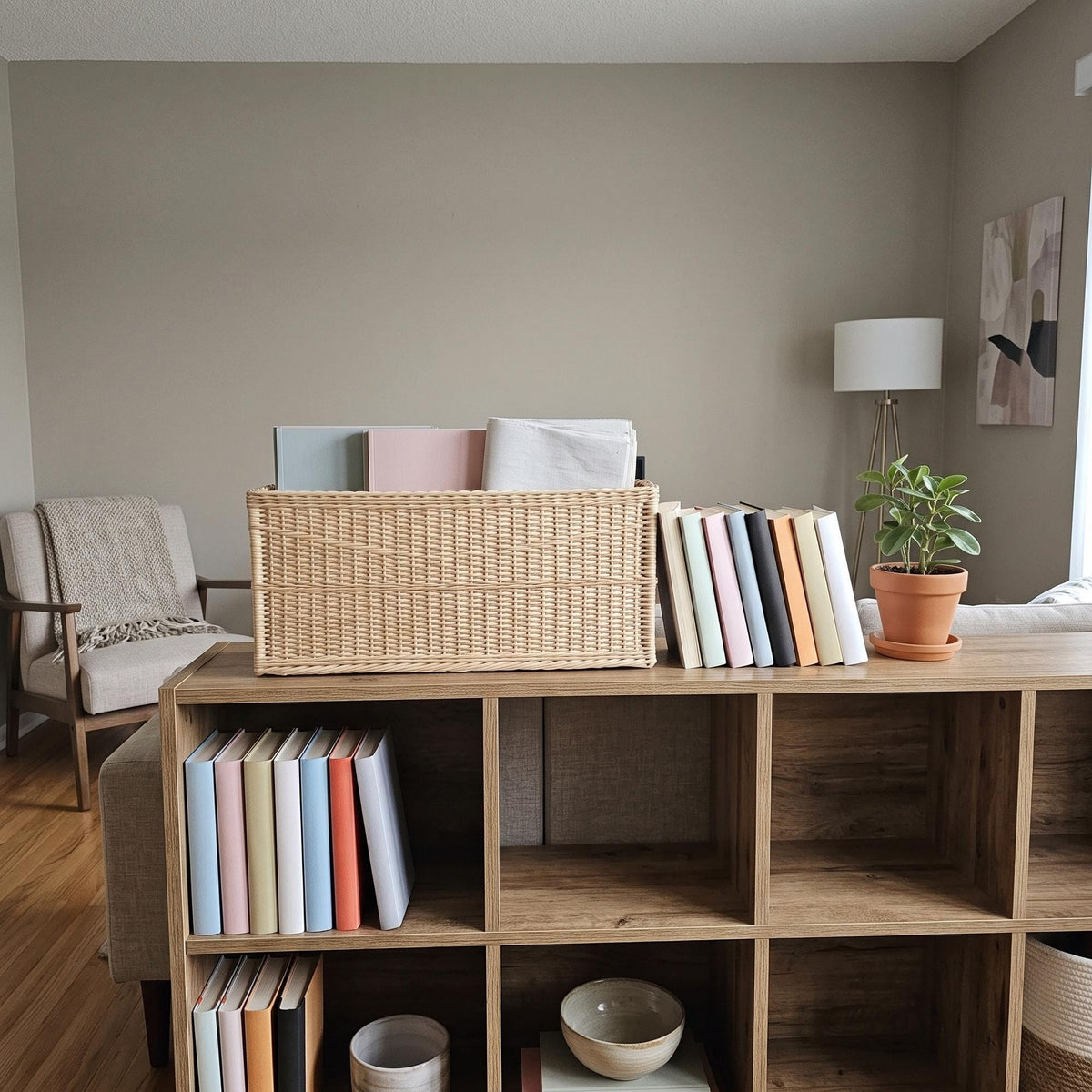 Narrow willow storage basket on top of a living room bookshelf, holding magazines, with books standing beside it
