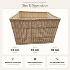 Size chart for the rectangular willow storage basket: length 45 cm, width 35 cm, height 32 cm, any size made to order