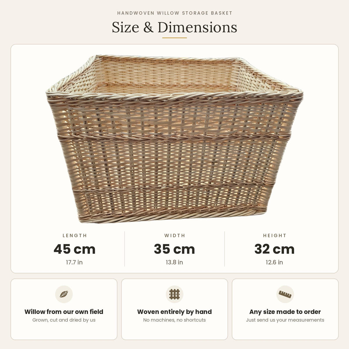 Size chart for the rectangular willow storage basket: length 45 cm, width 35 cm, height 32 cm, any size made to order