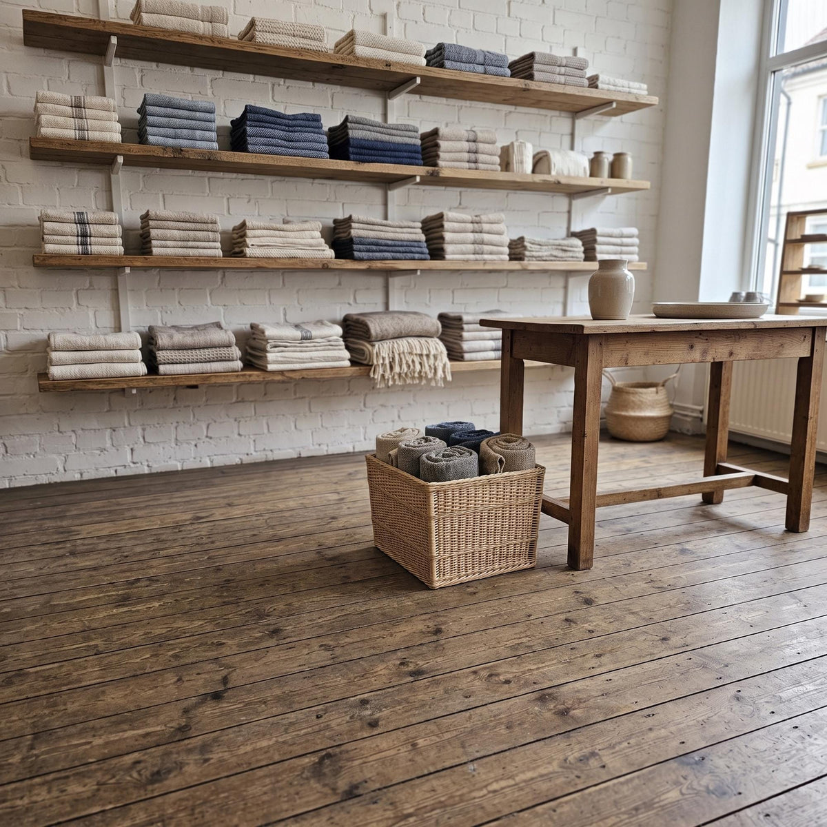 Large rectangular willow storage basket with rolled wool blankets on the wooden floor of a home goods shop