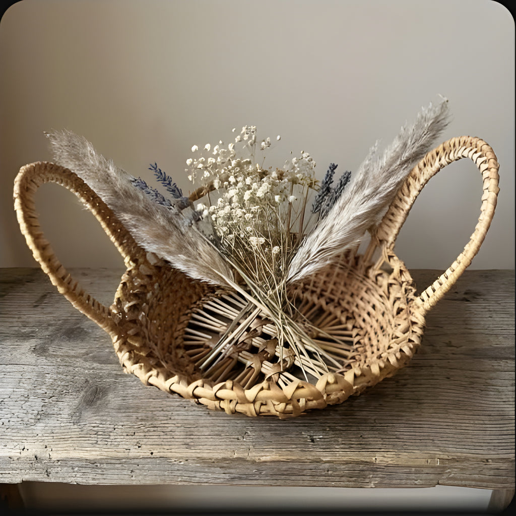 Open-weave wicker bowl with two looped handles holding dried pampas grass, gypsophila and lavender on a rustic table