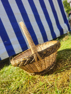 Small round wicker basket with its twisted handle tilted to the side, showing the braided rim, on grass in the sunshine