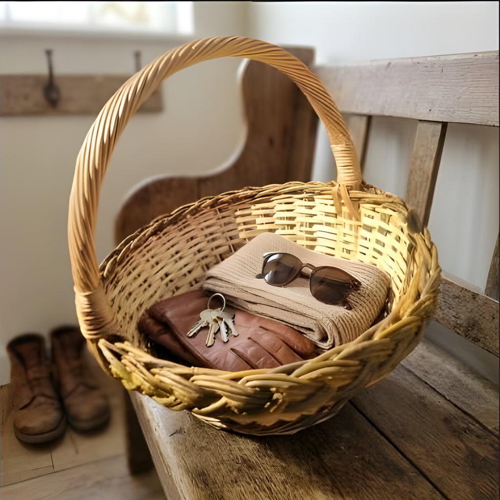 Small round willow basket with handle used as an entryway catch-all for keys, gloves and sunglasses on a wooden hall bench