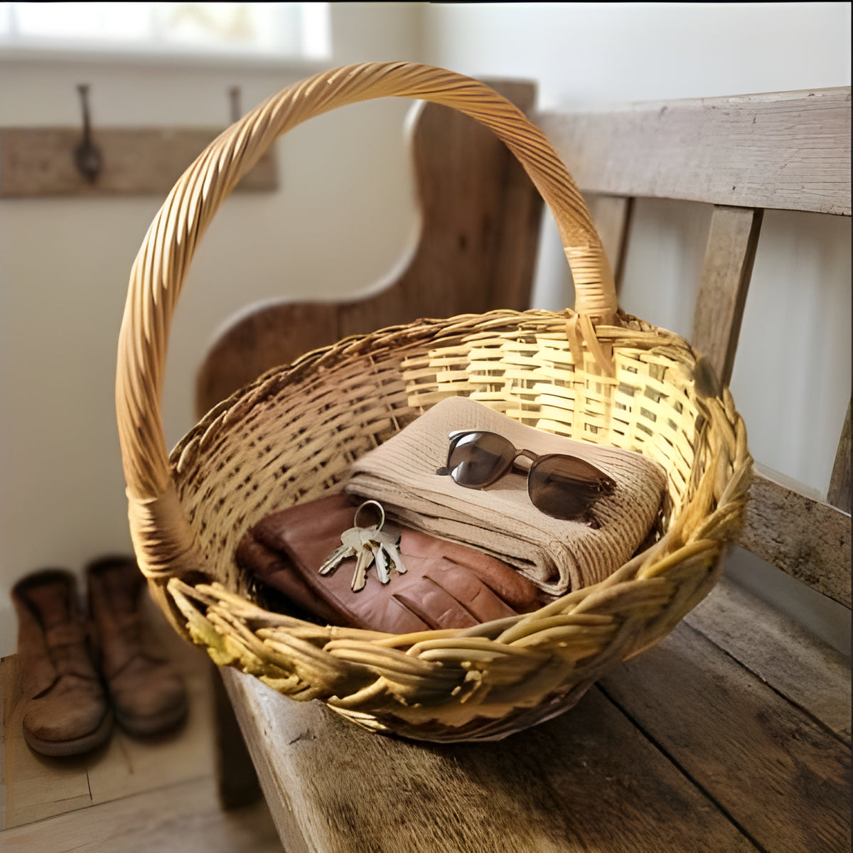 Small round willow basket with handle used as an entryway catch-all for keys, gloves and sunglasses on a wooden hall bench