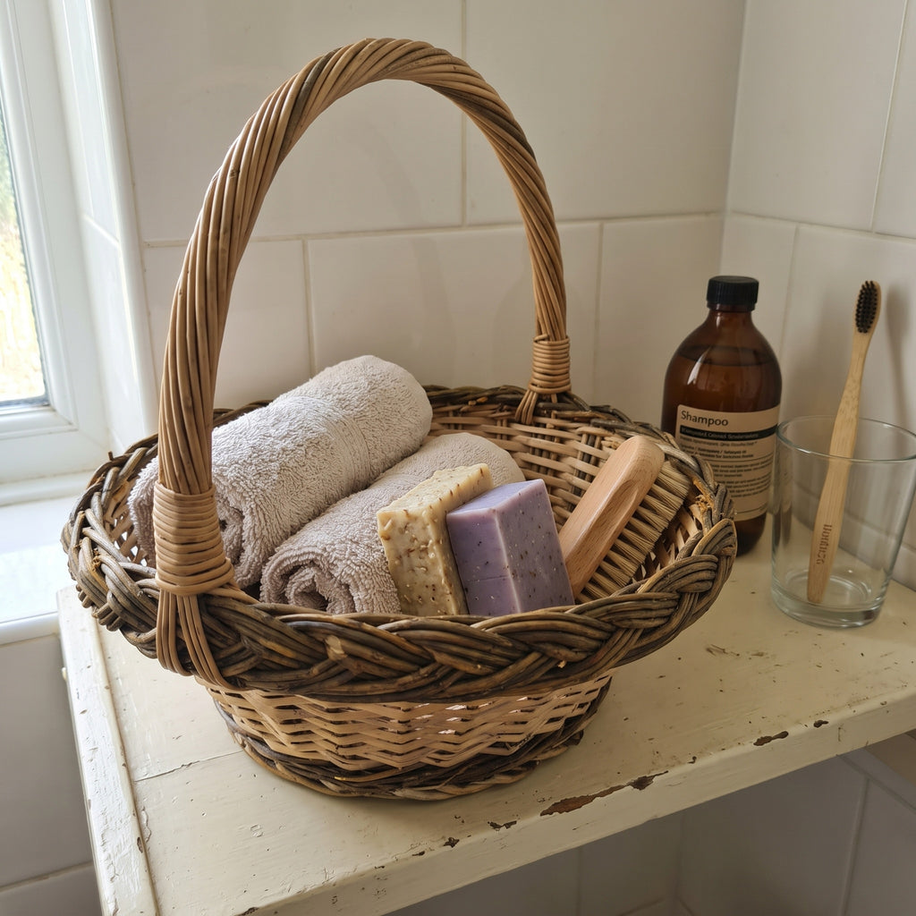 Handwoven willow basket with tall handle used as bathroom storage for rolled towels, soap bars and a brush on a windowsill