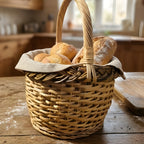 Small round willow bread basket lined with linen and filled with bread rolls and a loaf on a rustic wooden kitchen table.