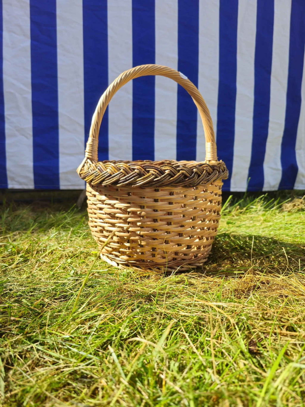 Round handwoven willow basket with a braided rim and handle on a sunlit lawn in front of a striped fabric backdrop, a rustic gift basket.