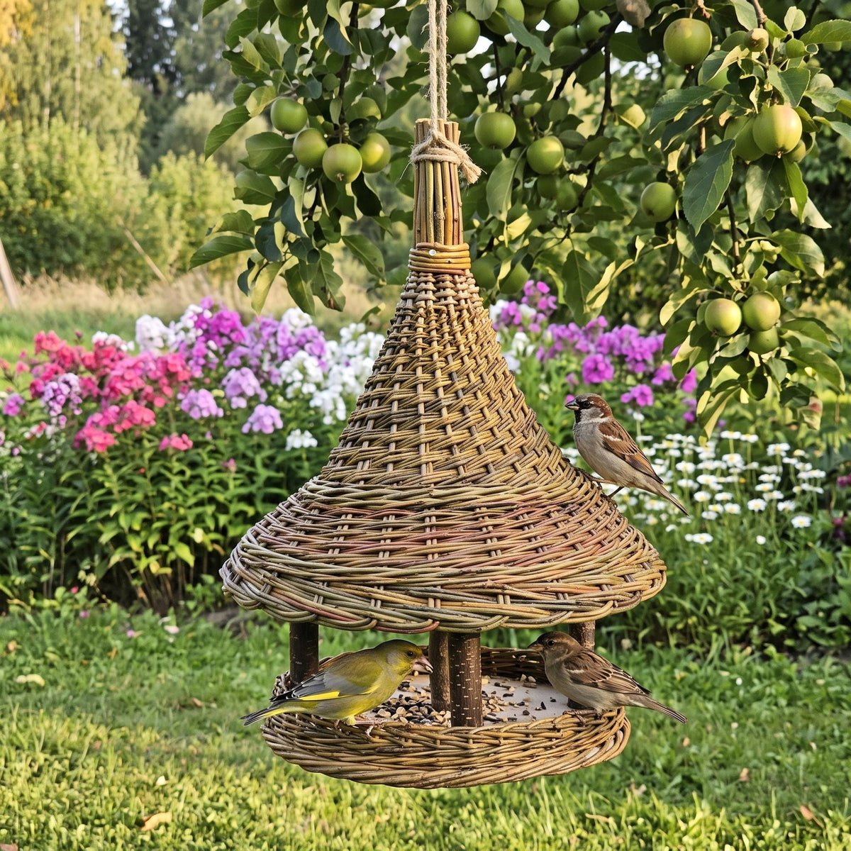 Hanging willow bird feeder with bell roof and tied spire in a garden by phlox, with a greenfinch and sparrows eating seeds
