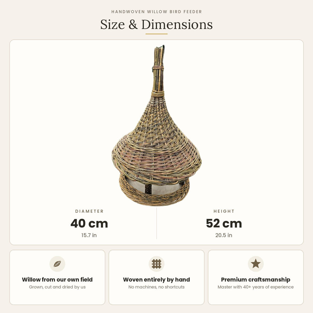Size chart for the tall handwoven willow bird feeder showing 40 cm diameter and 52 cm height