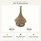 Size chart for the tall handwoven willow bird feeder showing 40 cm diameter and 52 cm height