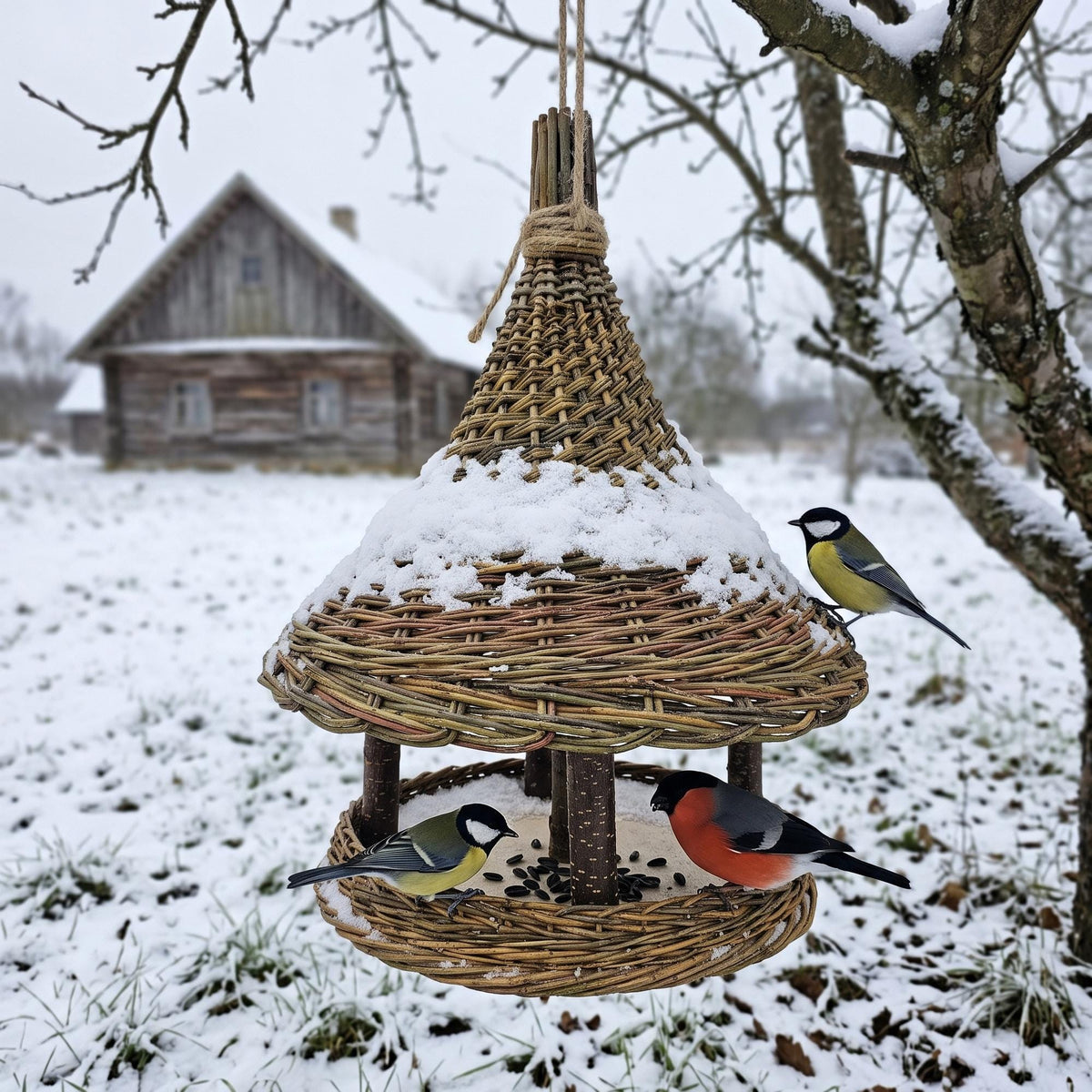 Willow bird feeder with a snow-covered bell roof hanging from a tree in winter, with great tits and a bullfinch on the platform