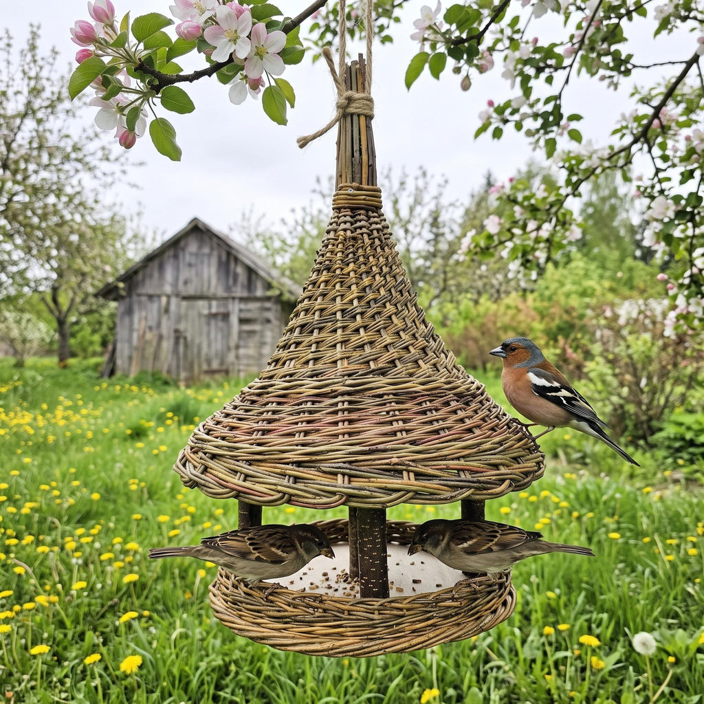Bell-roof willow bird feeder hanging in a blossoming apple tree with a chaffinch on top and sparrows feeding below