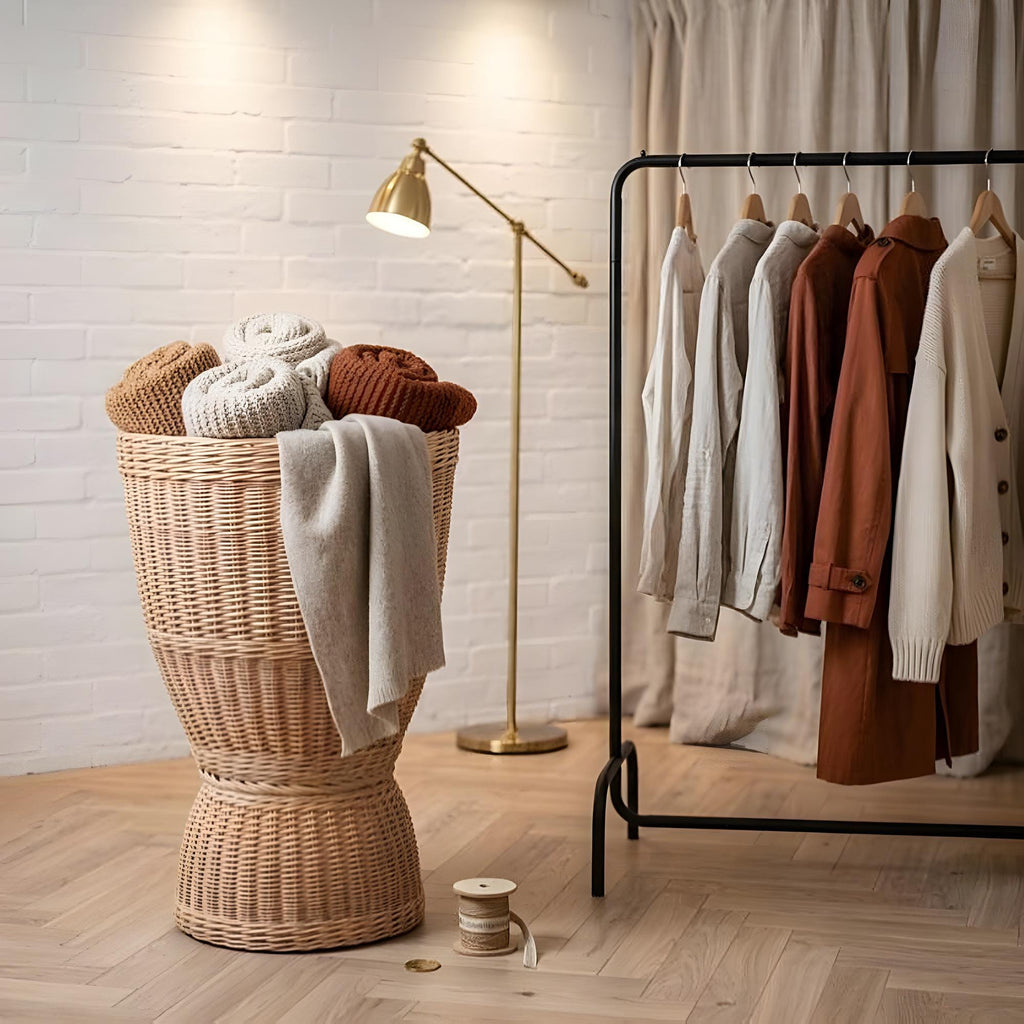 Willow display basket holding folded knitwear beside a clothes rail in a boutique