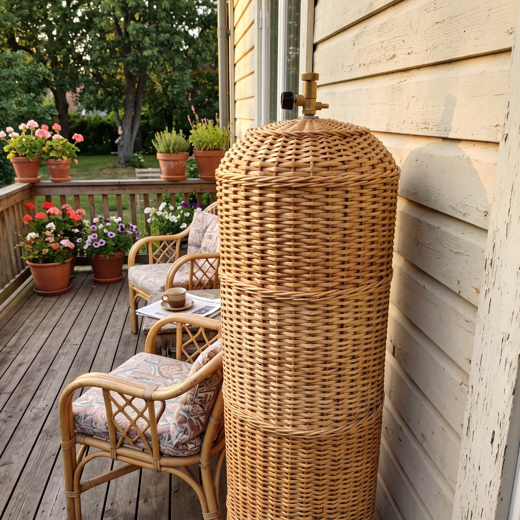 Tall willow propane tank cover on a wooden balcony beside rattan chairs and pots of geraniums, with the valve visible at the top