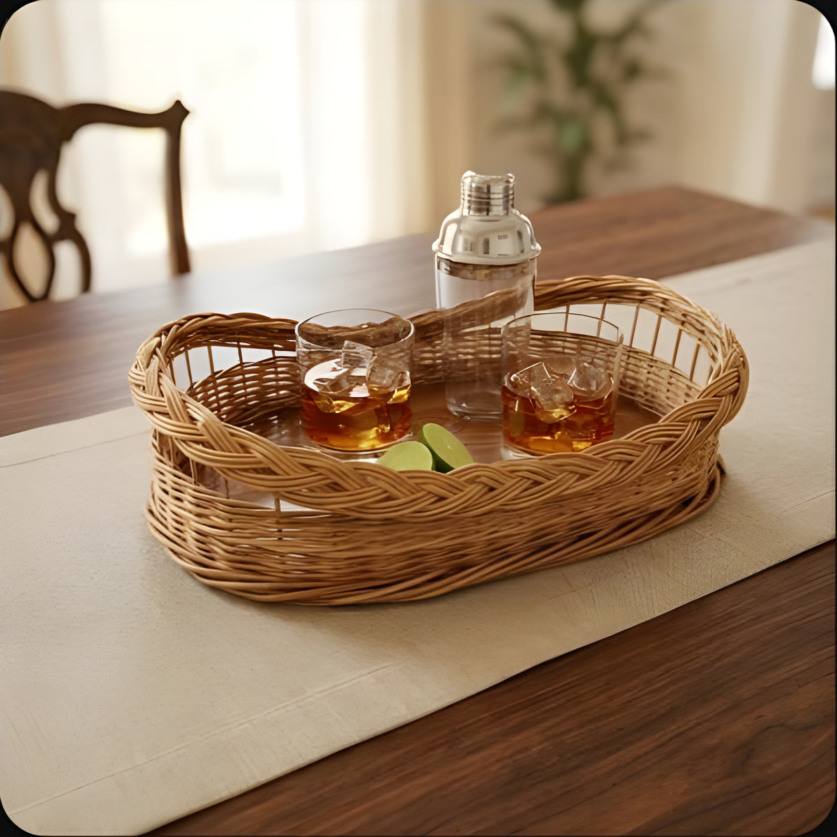Small willow drinks tray with wooden base holding two glasses of whisky, a cocktail shaker and lime wedges on a sideboard