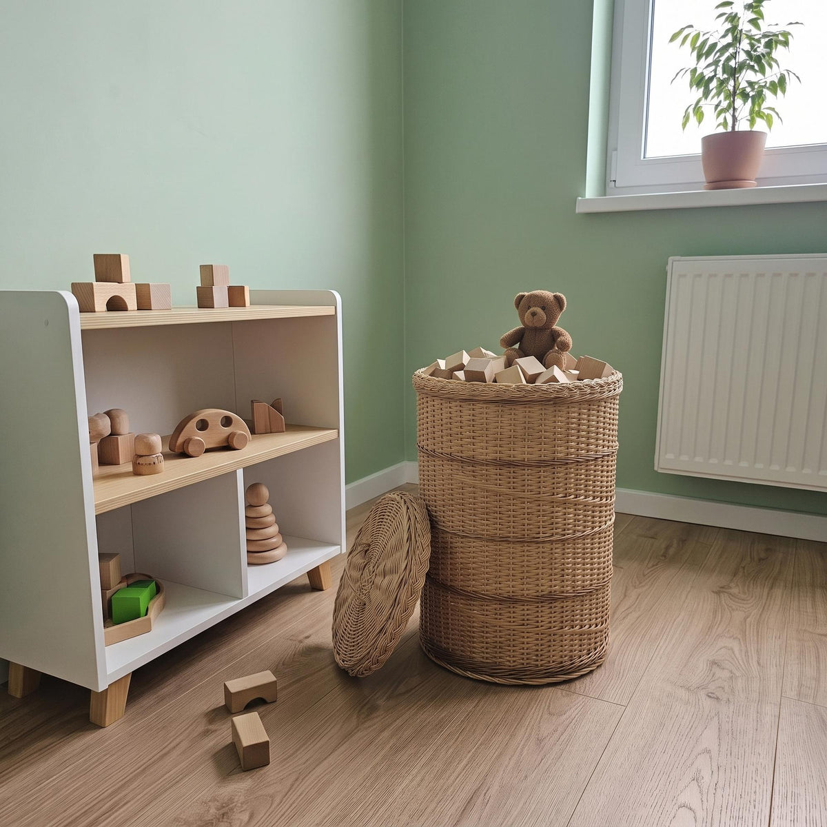 Lidded willow storage bin in a child's room holding wooden toys and a teddy bear, lid leaning against the side