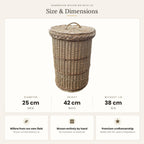 Size chart for the handwoven willow bin with lid: diameter 25 cm, height 42 cm with lid, 38 cm without lid