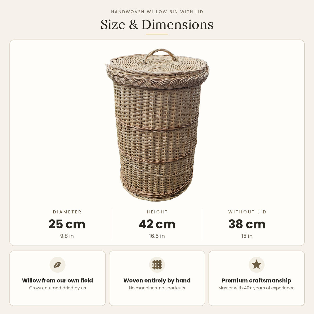 Size chart for the handwoven willow bin with lid: diameter 25 cm, height 42 cm with lid, 38 cm without lid